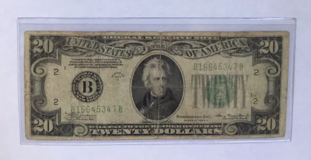 1934 A Federal Reserve Note $20 Twenty Bill New York Green Seal + Fancy Serial#