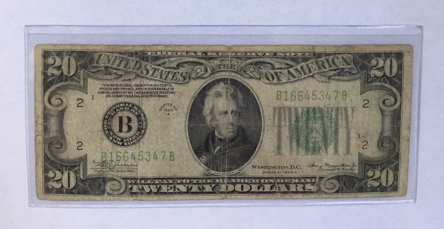 1934 A Federal Reserve Note $20 Twenty Bill New York Green Seal + Fancy Serial#