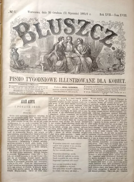 1881 Original Polish newspaper Bluszcz Pismo tygodniowe ilustrowane dla kobiet