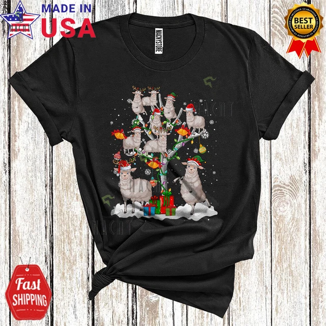 Reindeer Santa ELF Sheep On Christmas Tree Snow Xmas Lights Farm Farmer T-Shirt