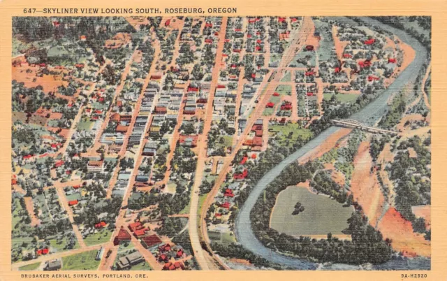 Roseburg OR Oregon Downtown Aerial View River Bridge Skyline Vtg Postcard A64