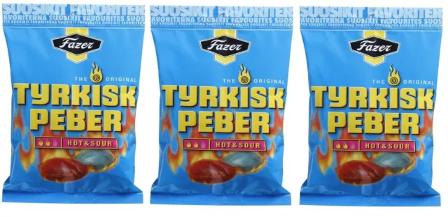 3 x bags of Tyrkisk Peber (Turkish Pepper) Hot & Sour 150g candy Fazer Finland