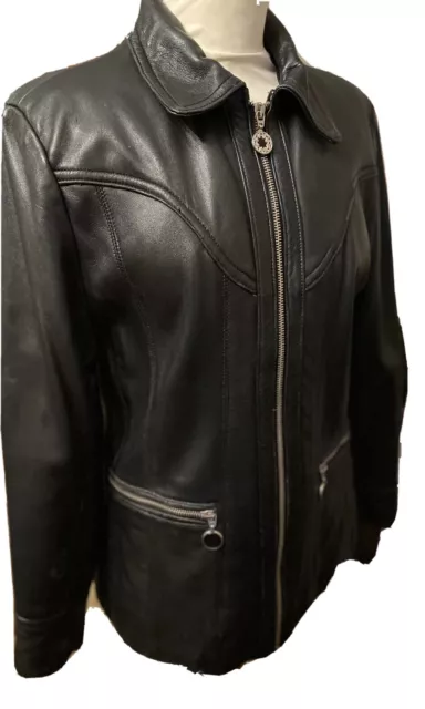 Faux Leather Jacket Black Zipped Ladies’ Hip Length Pockets UK 12 EU 40