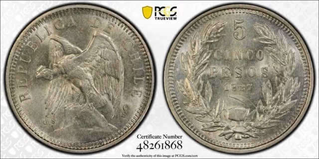 1927 PCGS MS61 - CHILE - Silver 5 Peso Coin #47275A