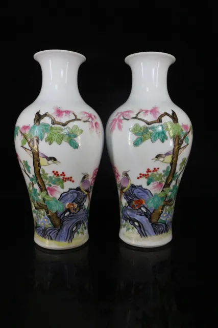 Chinese Enamel Color Porcelain Hand Painted Exquisite Flower Bird Vase A Pair 10