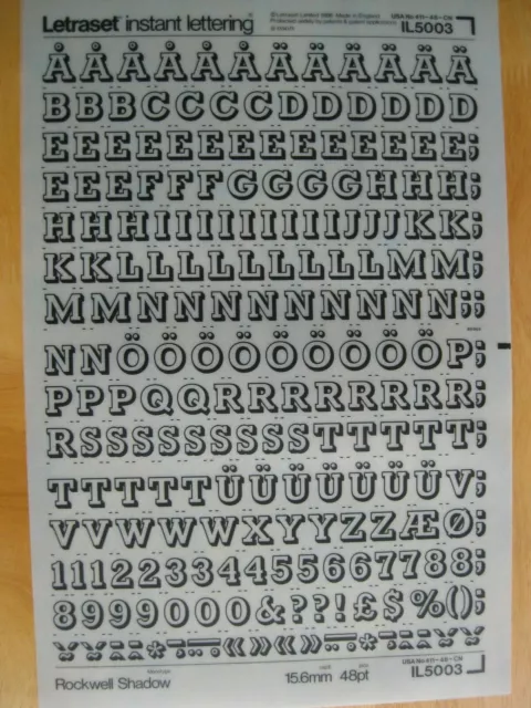 .1 x Letraset Upper Case & Num ROCKWELL SHADOW 48pt  15.6mm Sheet IL5003`