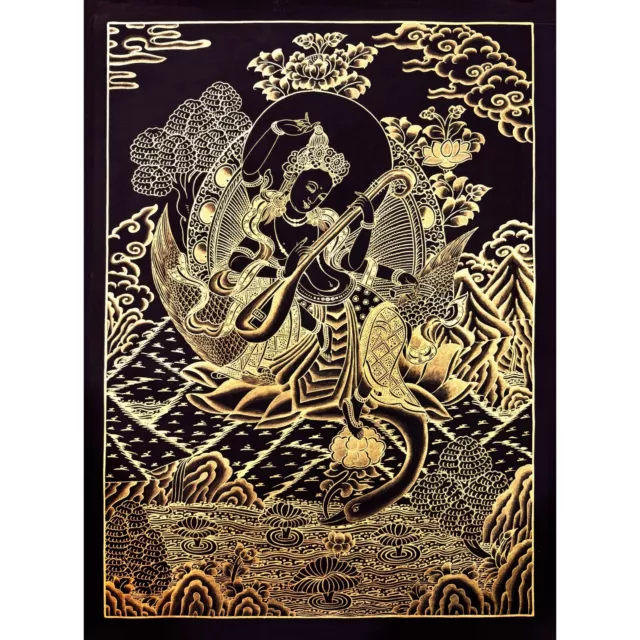 Black and Gold Saraswati Thangka Painting, For Home Decoration and Shrine