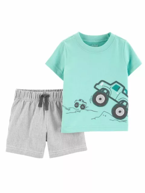Carters Infant Boys Baby Outfit Blue Monster Truck Shirt & Stripe Shorts