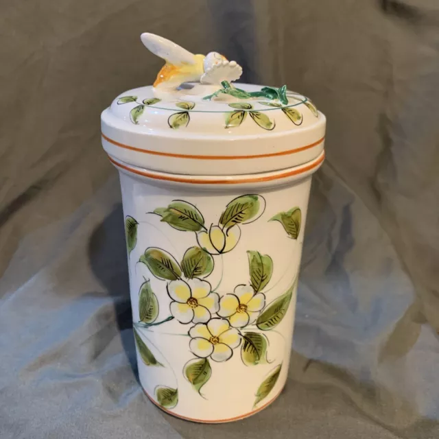 7.5” Ceramic Hand Painted Pot/Container with Bee on Lid - Made In Italy