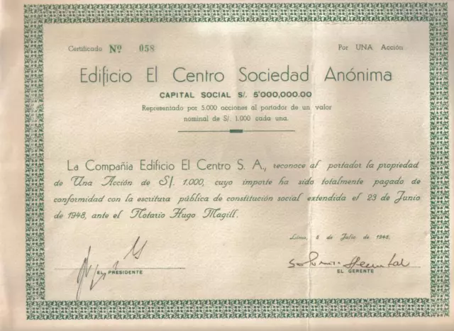 Original Peru 1948 Building Center Edificio El Centro Co 1000 soles Uncancelled