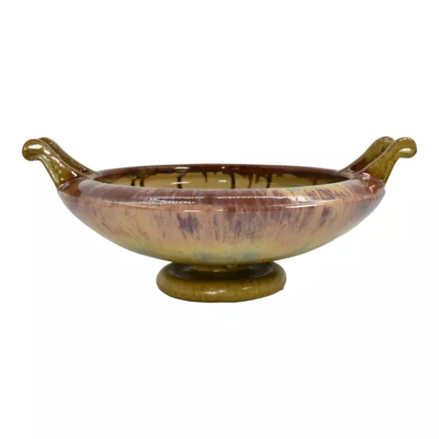 Fulper Arts And Crafts Pottery Brown Blue Flambe Glaze Ceramic Pedestal Bowl 506