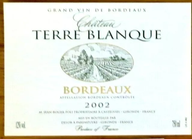 Etiquettes vin FRANCE CHATEAU TERRE BLANCHE Bordeaux 2002 wine label