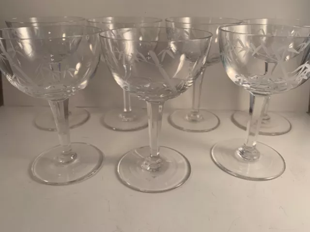 Vintage Stemware Etched Glass Set (7) Gray Cut Bamboo Wine Multi-Side Stem