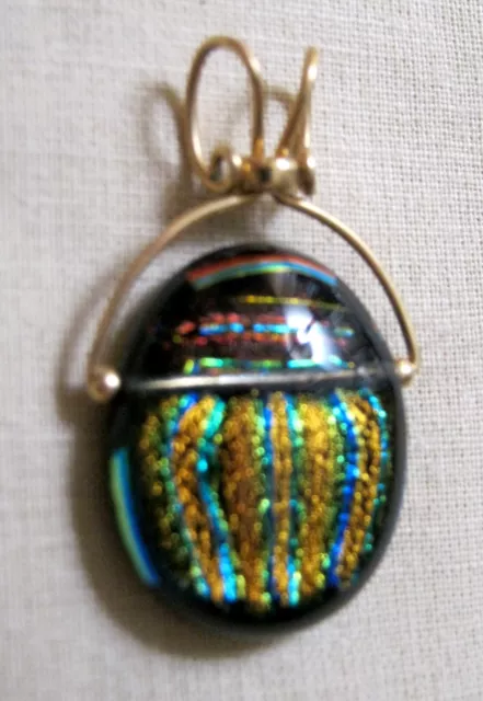 Art Glass Dichroic SCARAB & Gold Filled BEETLE Bug Necklace PENDANT