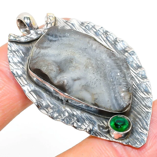 Desert Rose Druzy, Diopside Gemstone 925 Sterling Silver Pendant 2.09" Easter M1