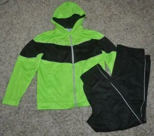 Boys Jacket Pants Track Set Starter 2 Pc Black Green Zip Up-size 14/16