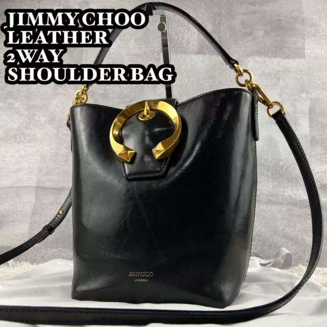 Jimmy Choo Madelin Leather Shoulder Bag Black Gold Bracket Authentic