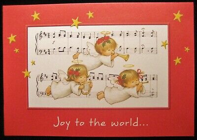 Vintage Christmas Greeting Card 3 Angels Playing Musical Instruments with Music