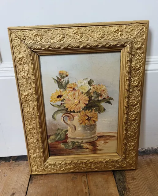 Antique Still Life Oil Painting, Flowers In Gilt Frame