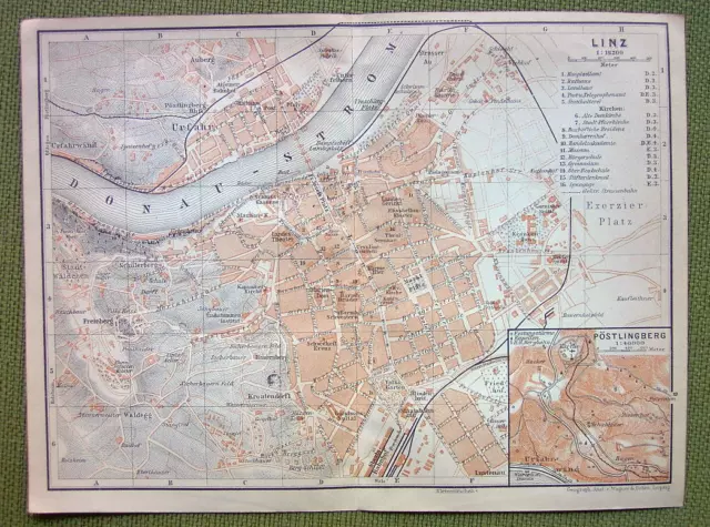 AUSTRIA Linz Town Plan Railroads - 1911 MAP ORIGINAL Baedeker Genealogy