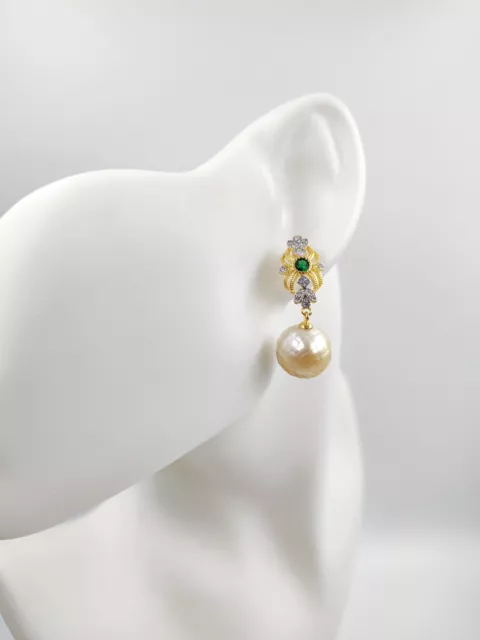 14ct Gold 13mm Japan Master Carved Seawater Pearl Emerald Diamond Birthday Gift 3