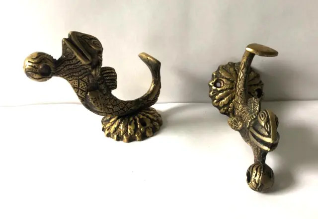 Pair of Vintage Antique Solid Brass Koi Fish Key Cloth Wall Mounted Hooks 4.5" L