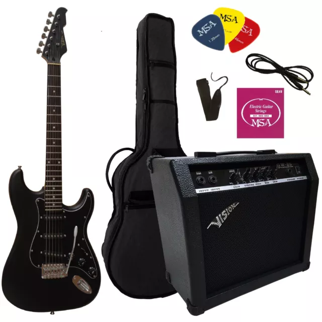 MATT-SCHWARZE E-GITARRE, DESIGNKRACHER IM 45 WATT SET (GW25), Tasche, Saiten,pik