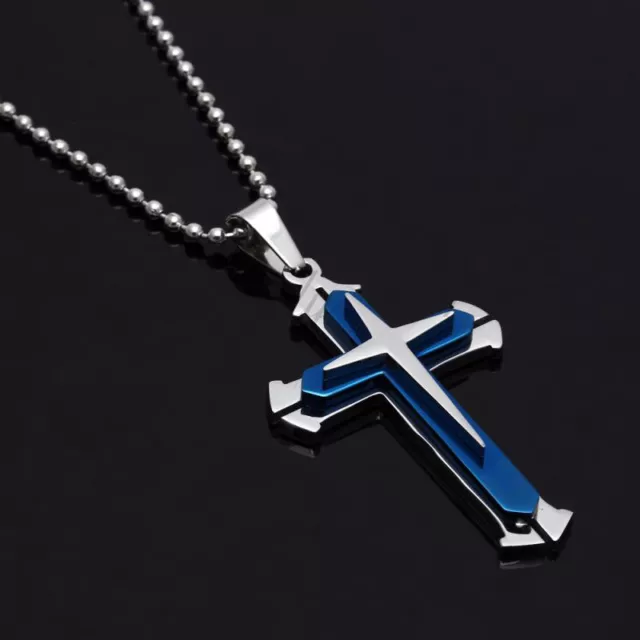 NEW Blue & Silver Stainless Steel Cross Pendant Men's Necklace Chain