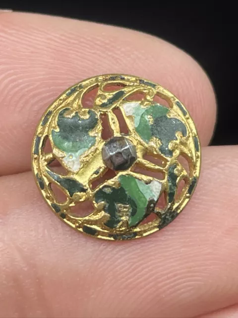 Antique French Gilt Brass Painted Champleve Green Enamel Stud Button