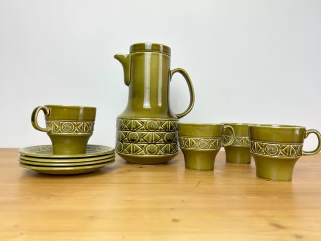 Vintage Retro 70s Beswick Coffee Pot Set With 4 Cups & Saucers, Zorba, Green