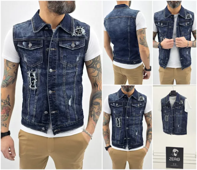 Smanicato di Jeans uomo Blu denim a manica Lunga gilet Borchie Strappi S M L XL