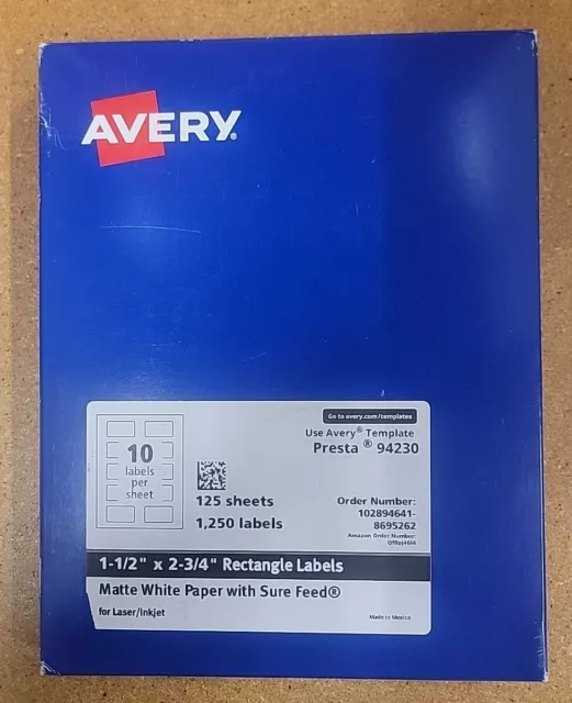 Avery Presta 1.5" x 2.7 94230 Rectangle Labels 1250 Pack 100 Sheets Matte White