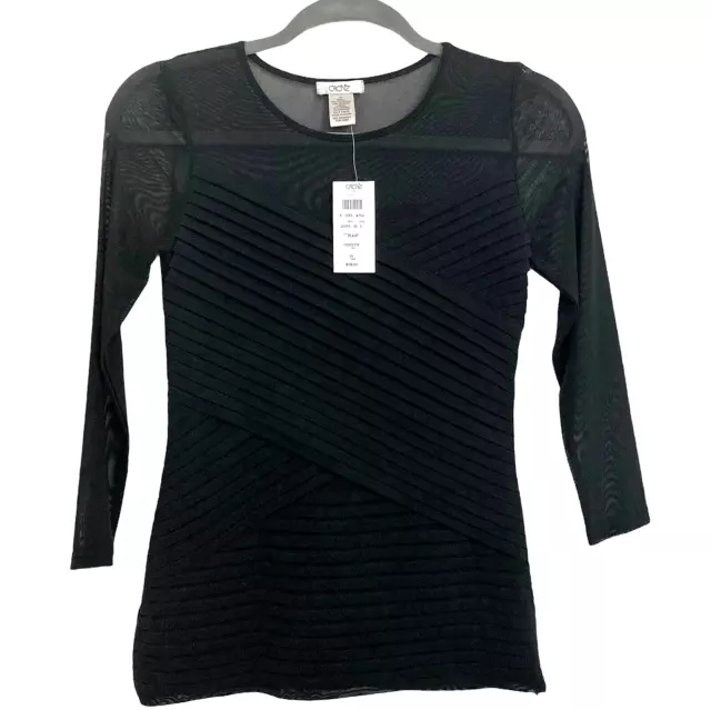 NWT Cache Black Mesh Bandage Top Womens Size XS Soft Stretchy Pleated