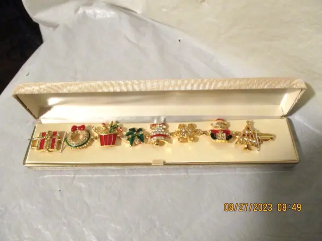 Vintage Gold Tone Rhinestones & Enamel Christmas Theme 8-Charm Bracelet w/Case