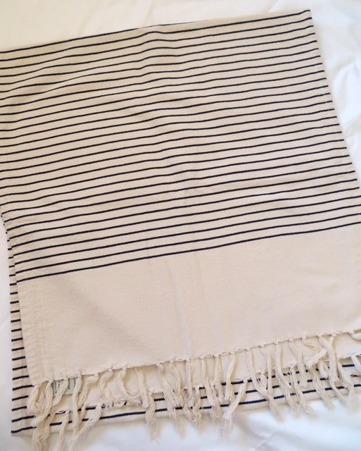 Pottery Barn Ivory Navy Blue Striped Table Runner Cotton w/ Tassels 25" X 108" Pottery Barn Ivory Navy Blue Striped Table Runner Cotton w/ Tassels 25" X 108"