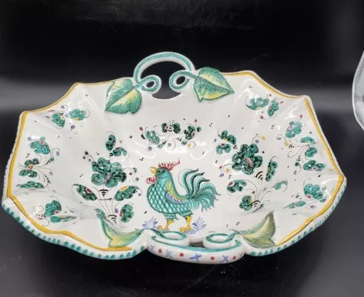 Vintage Peasants Village Italian Pottery Handled Salad Pasta Bowl Green Rooster