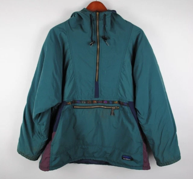 LL Bean Maine Womens Windbreaker Jacket large Green Pullover 90s Y2K Nylon Hood
