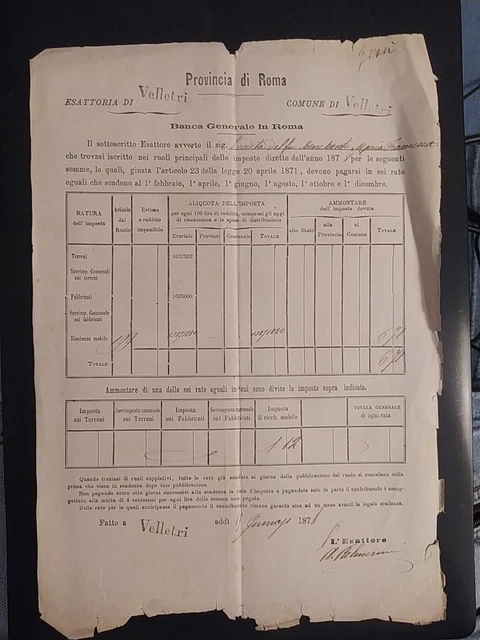 1878 Velletri Fattura Pagamento Tasse