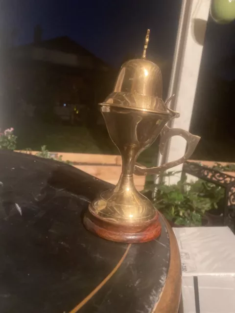 ANTIQUE BRASS PEDESTAL INCENSE BURNER WITH Hinges And CROSS ON TOP