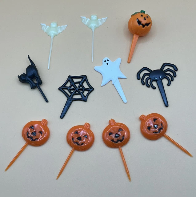 Lote de 11 selecciones de cupcakes de Halloween de colección gato calabaza fantasma 2 murciélagos que brillan en la oscuridad