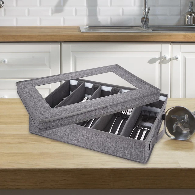 Range Couverts VERONLY Avec Couvercle - Organisateur Tiroir Réglable Gris 42.5x29.5cm