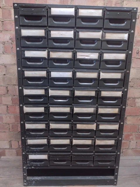 Mid century antique steel engineers workshop 36 drawer cabinet unit industrial