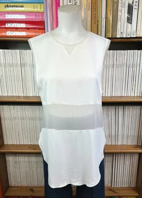 Zara Studio Ladies S 10 Tank Top Blouse Shirt Sheer Panel Curved Hem White Boxy