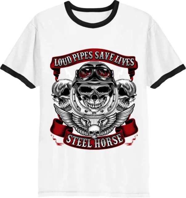 T-shirt da uomo Ringer moto cavallo in acciaio biker tubi rumorosi salva vita