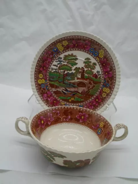 Spode Copeland Delft Tower Double Handle Soup Bouillon Cups with Underplate Lrge