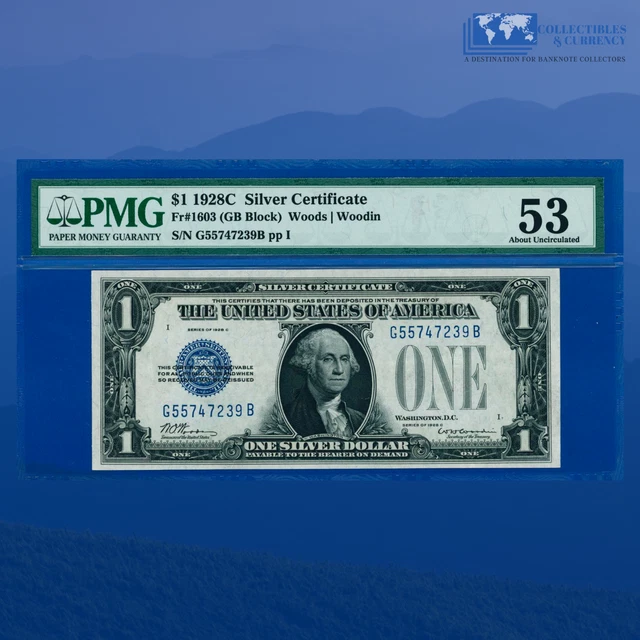 Fr.1603 1928C $1 Silver Certificate Scarce G/B Block, "FUNNYBACK", PMG 53 #47239