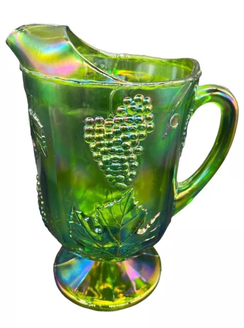 Vintage Indiana Carnival Glass Iridescent Green Harvest Grape Pitcher