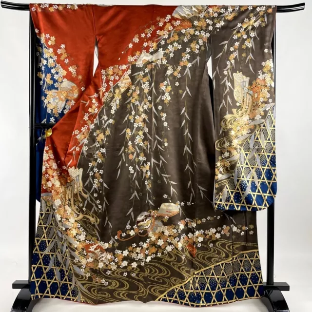Japanese kimono SILK"FURISODE" long sleeves, Gold thread/leaf, Rowel, L65"..2544