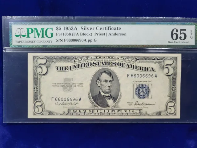 🌟 1953-A $5 Silver Gem Fr. 1656 FA Block PMG 65 EPQ FANCY TRINARY SERIAL#