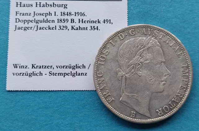 Habsburg Kaiser Franz Josef I. Doppelgulden 1859 B Prachtexemplar vz/vz-St